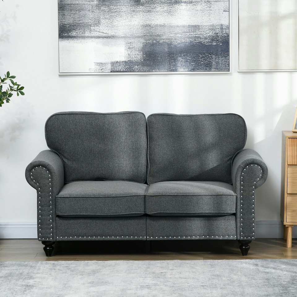 image 1 of HOMCOM 2 Seater Sofa for Living Room, with Nailhead Trim, Charcoal Grey