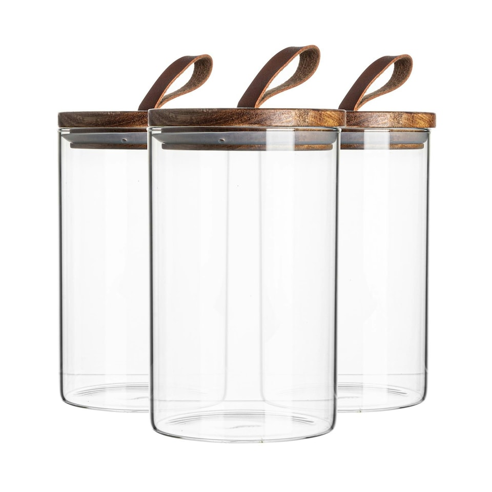 image 1 of Argon Tableware Scandi Storage Jar with Leather Loop Lid - 1 Litre - Pack of 3