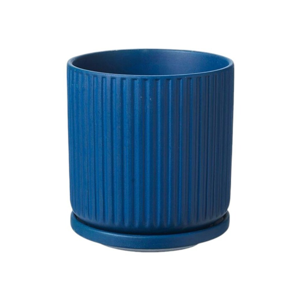 image 1 of Ceramic Ribbed Indoor Plant Pot and Saucer Marino Blue - H17.5cm