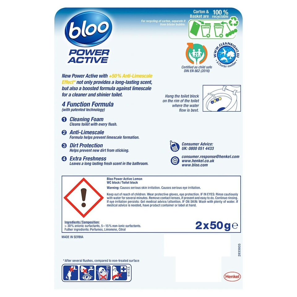 image 1 of Bloo Toilet Rim Blocks Power Active+ Lemon for Anti-Limescale Effect, 6 Pack | Multi | 6