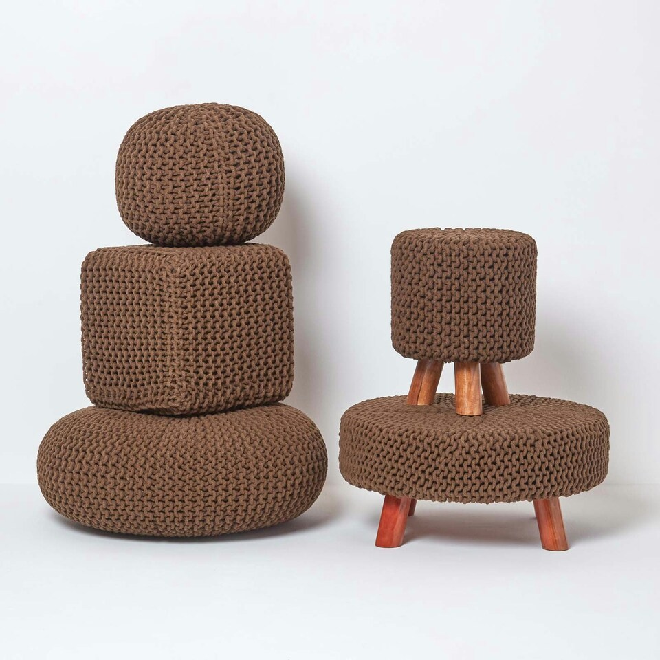 image 1 of Homescapes Chocolate Brown Large Round Cotton Knitted Footstool on Legs