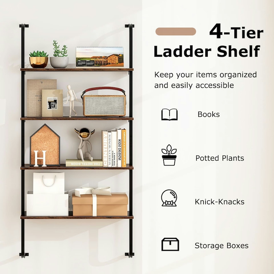 image 1 of COSTWAY 4-Tier Shelving Wall Mounted Wood Bookcasw Brown