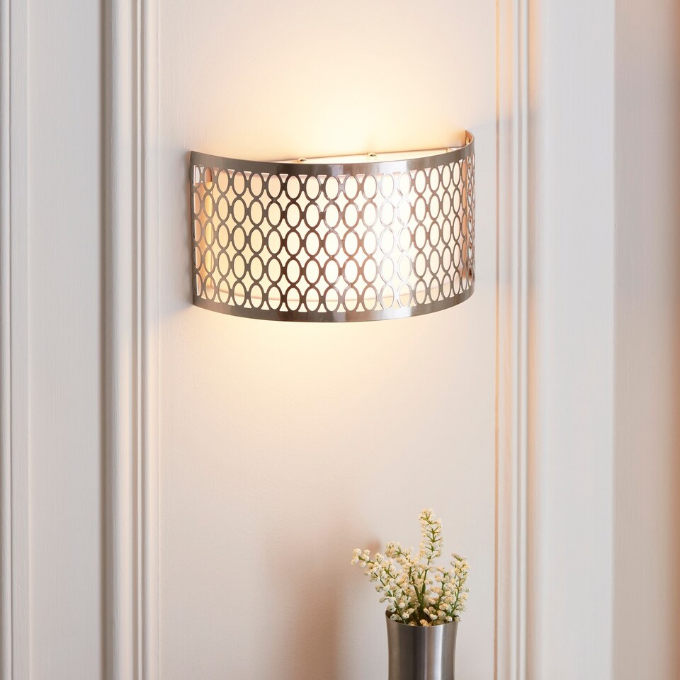 image 1 of Cordero Flush Wall Lamp Satin Nickel Plate, White Fabric & Frosted Glass 2x E14
