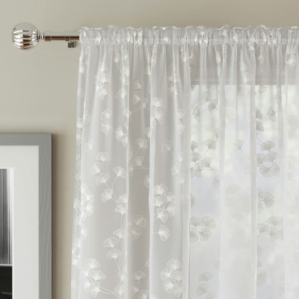 image 1 of Pair of Delila White Trail Leaf Print Voile Panels 229 cm (90 inch) Rod Pocket Panels for Bedroom and Living Room