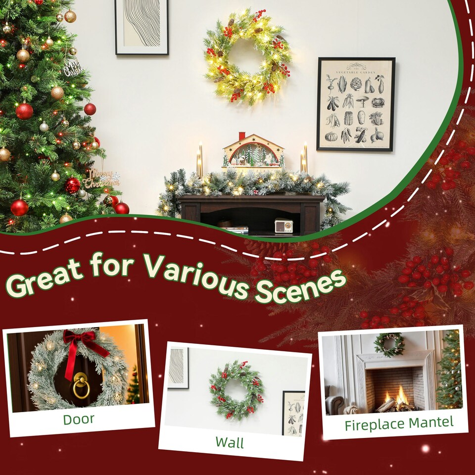 image 1 of HOMCOM 60 cm Prelit Christmas Wreath, Door Wreath with Realistic Branches