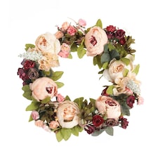 Living and Home Artificial Peony Mixed Flowers Wreath - 45cm