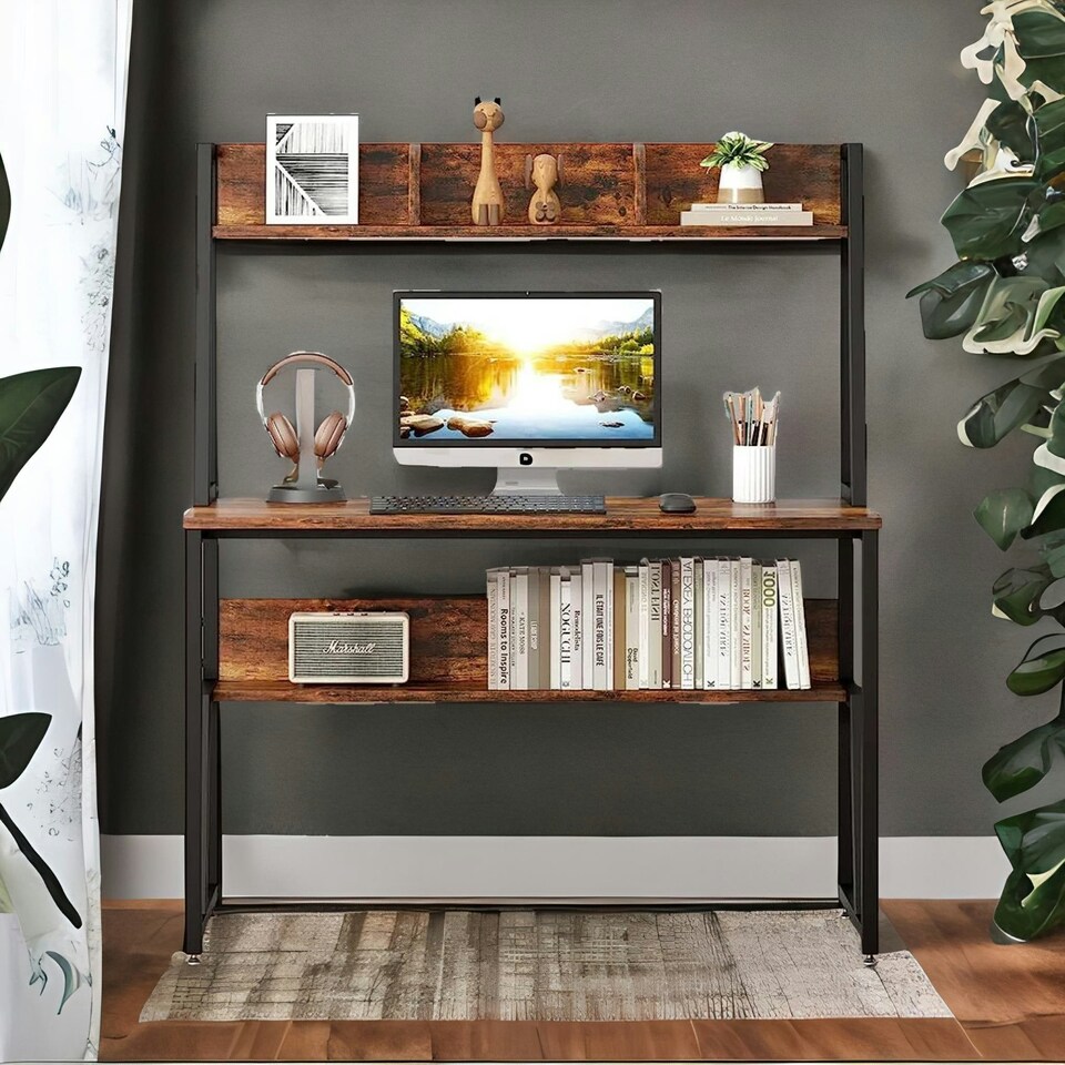 image 1 of 3 Tier Industrial Writing Desk Rustic Brown Brown