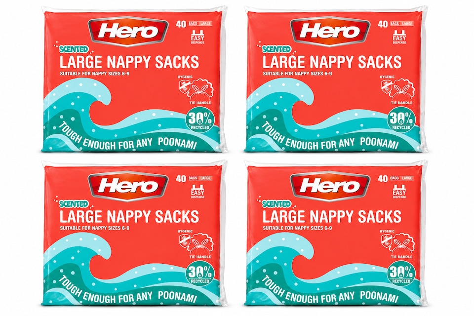 image 1 of HERO Large Scented Nappy Sacks – Pack of 40 | Adult Nappy Disposal Bags | Large Dog Waste Bags | Incontinence Waste Bags with Tie Handles | Fresh Scent, Hygienic