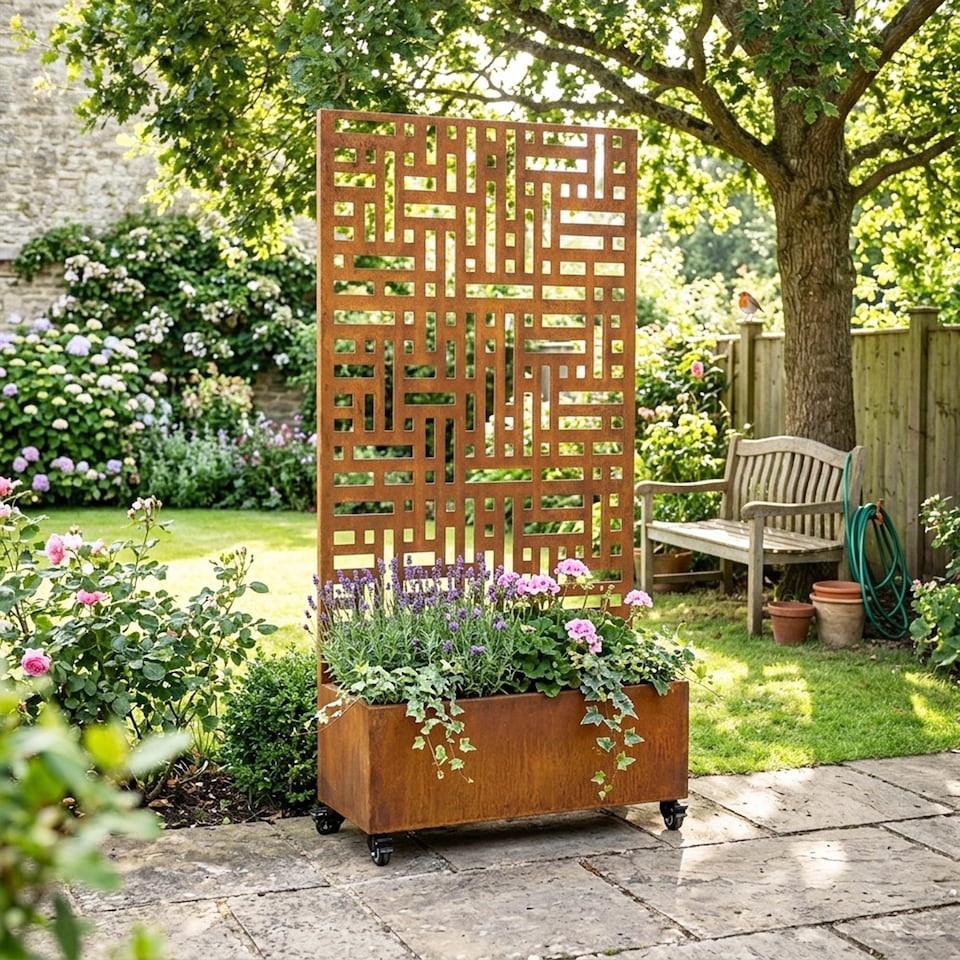image 1 of Nicoman Metal Outdoor Privacy Screen Panel with Planter | Bronze | Rusted | 1