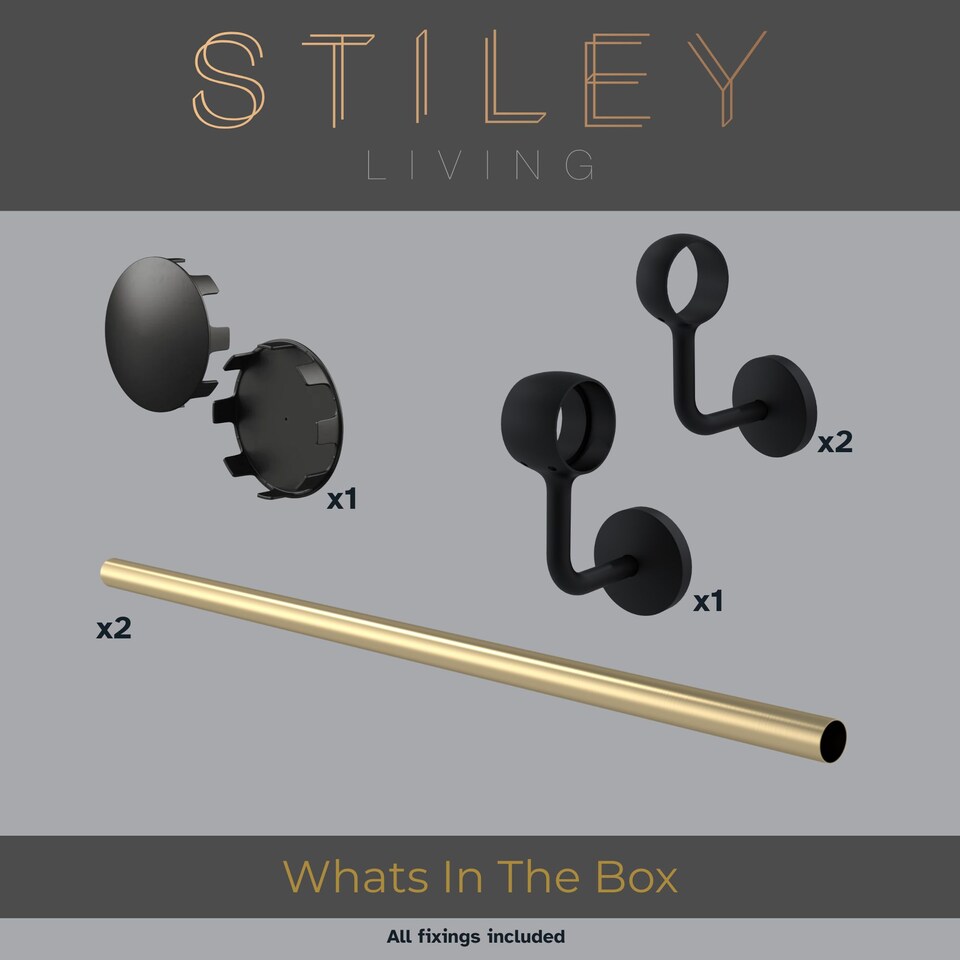 image 1 of Stiley Living 2.4m Brass & Matt Black Wall-Mounted Stair Handrail Kit, Brackets & Fixings