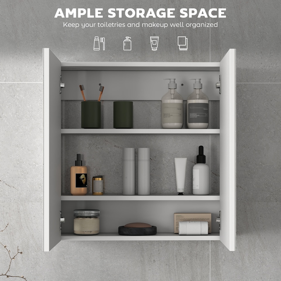 image 1 of HOMCOM Bathroom Mirror Cabinet Wall Mounted, 60 x 15 x 60 cm, White | White