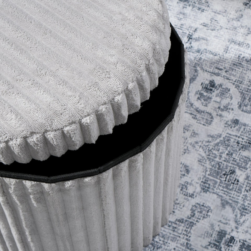 image 1 of OHS Soft Fleece Ribbed Round Foldable Footstool Seat Storage Organiser Ottoman Grey