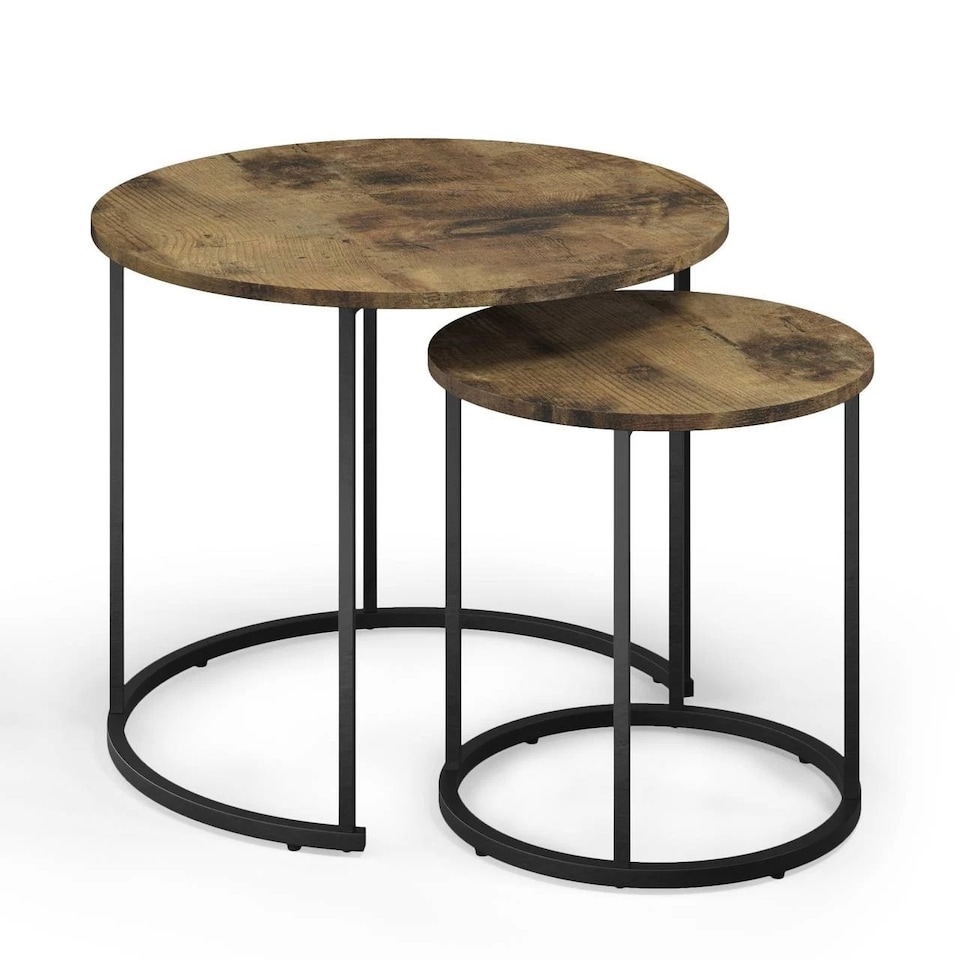 image 1 of Set of 2 Nesting Tables Industrial Round Side Tables with Steel Frame Stacking | Black | Wild Oak | 1
