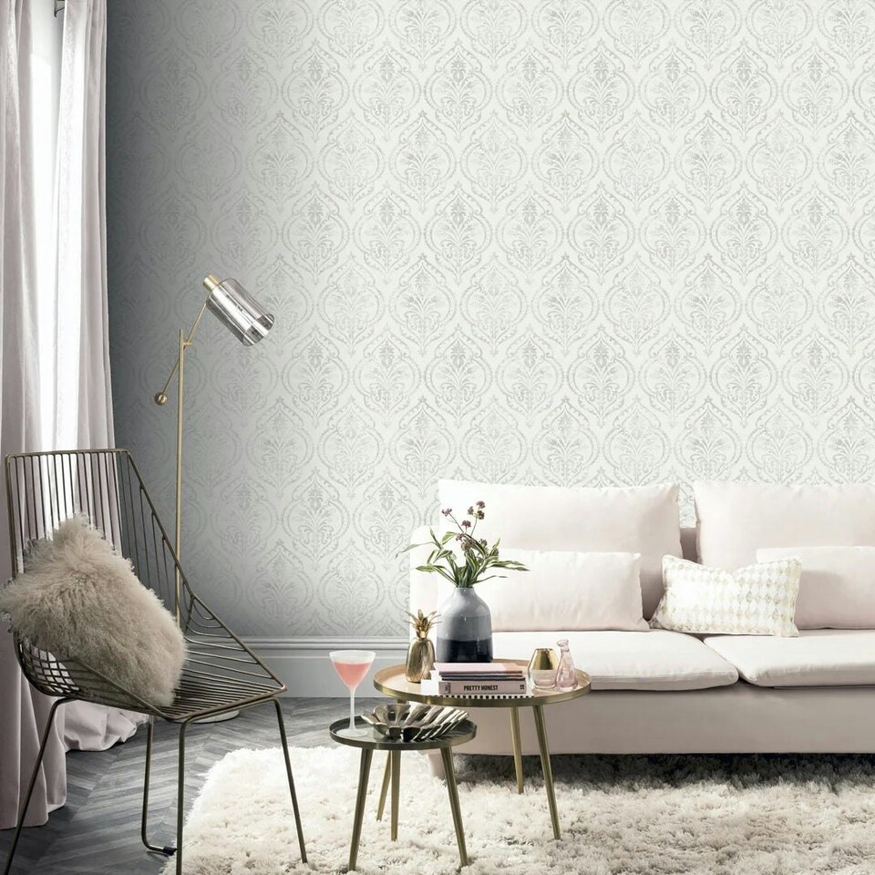 image 1 of Moroccan Damask Wallpaper in White and Silver Multi