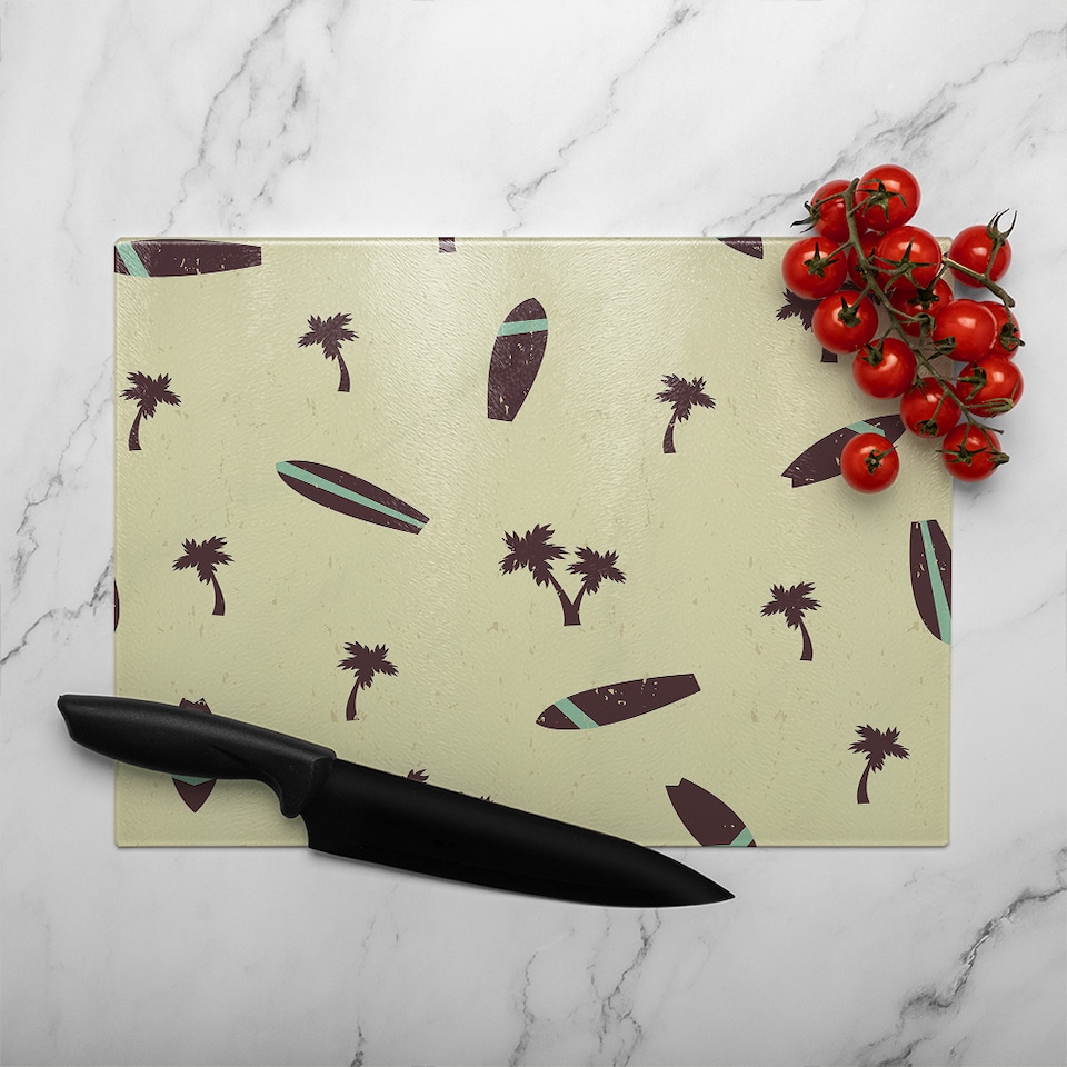 image 1 of Surf Board & Palm Silhouettes Glass Chopping Board | Multi