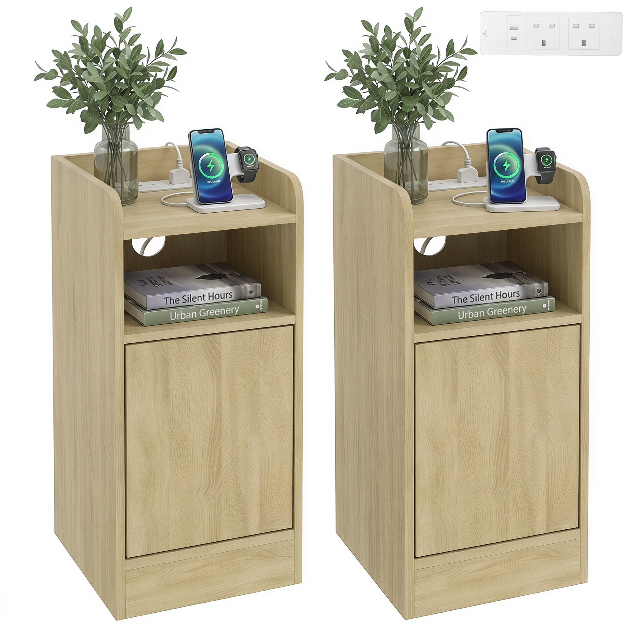HOMCOM Slim Bedside Table Set of 2 with Charging Station