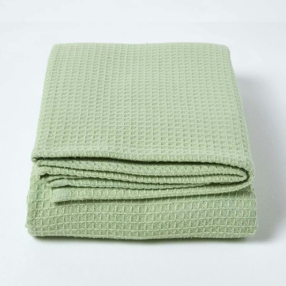 image 1 of Homescapes Organic Cotton Waffle Blanket/ Throw Sage Green - 250 x 230 cm