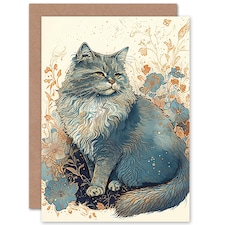 Fluffy Wildflowers Watercolour Cat Birthday Card