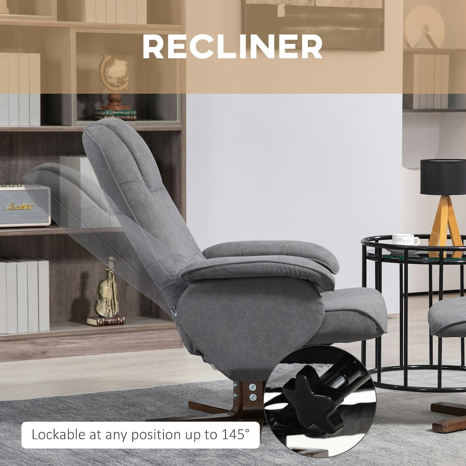 image 1 of HOMCOM Swivel Recliner Chair with Footstool and Wooden Base, Grey