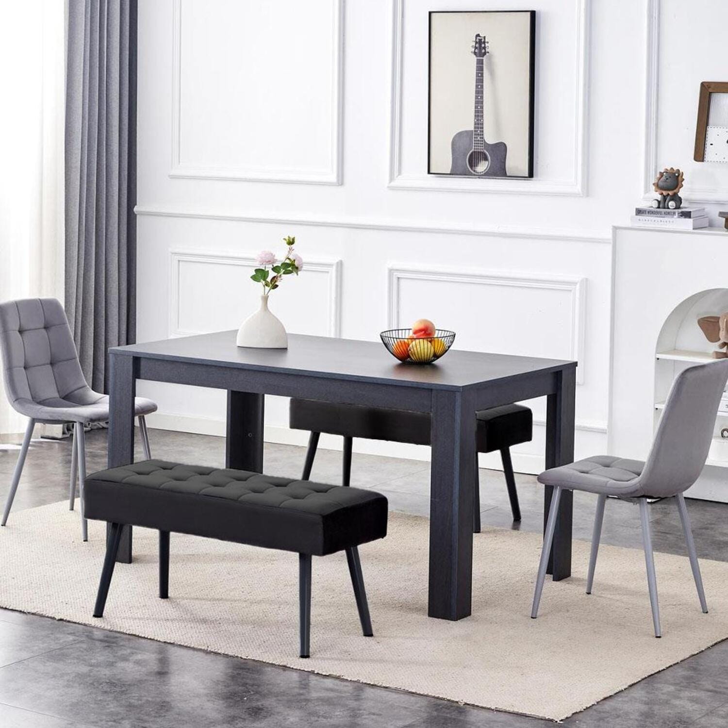 Kosy Koala Modern Dark Grey Dining Table Set with 2 Grey Velvet Chairs And 2 Black Benches