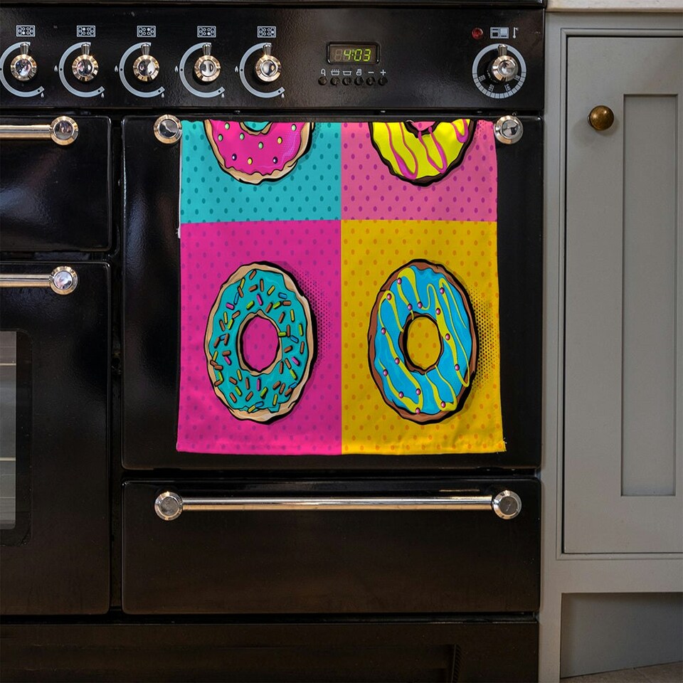 image 1 of Set doughnut sweet food, donut cartoon pop art style (Kitchen Towel)