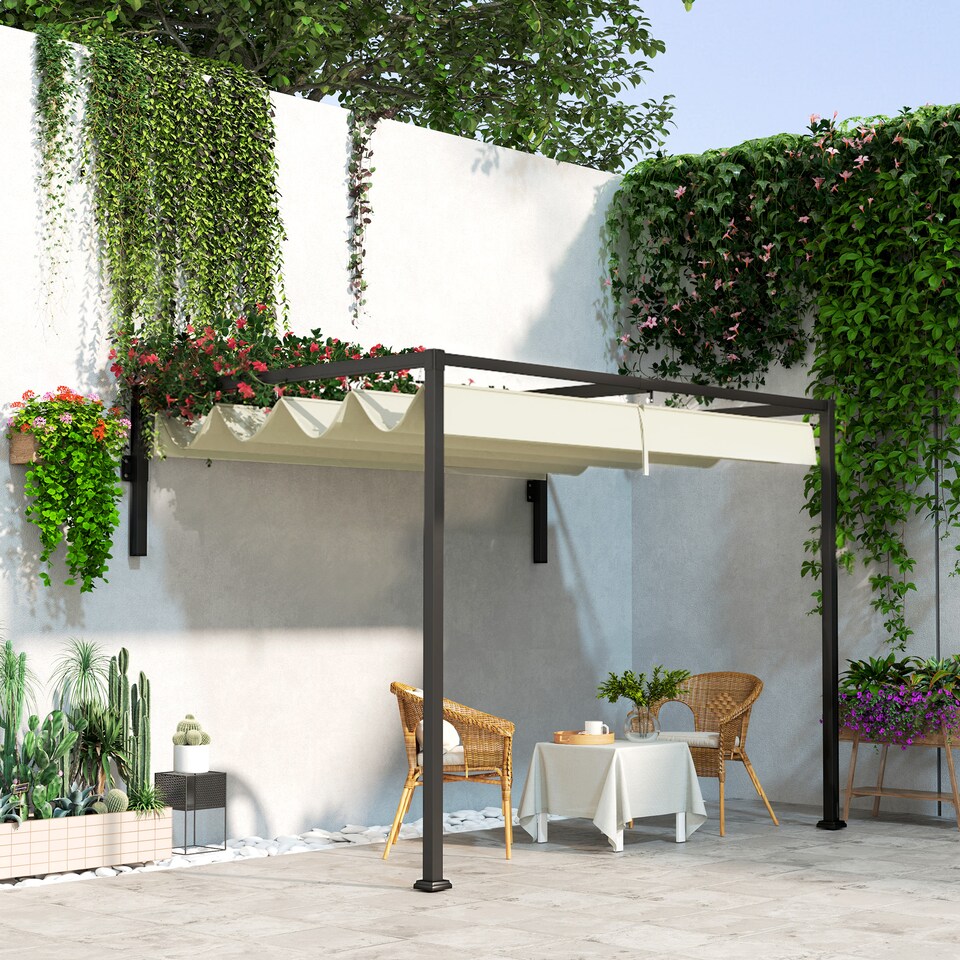 image 1 of Outsunny 2 x 3(m) Lean To Pergola with Retractable Roof, Wall Mounted Garden Gazebo Outdoor Sun Shade Shelter for Patio, Khaki
