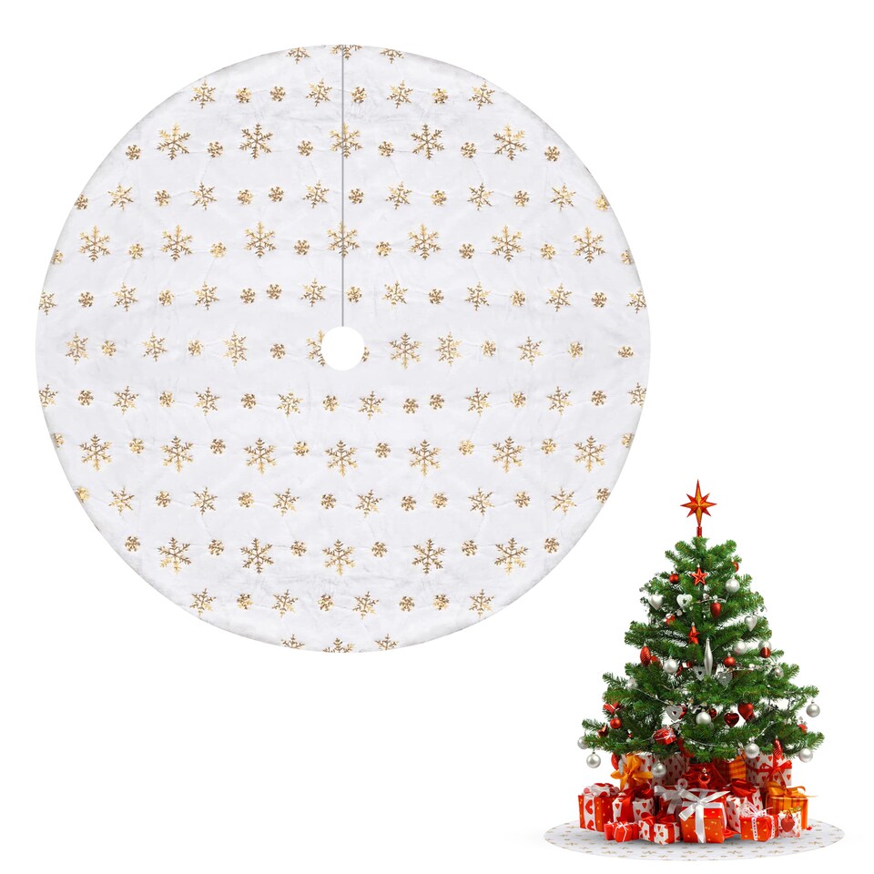 image 1 of 100cm White Christmas Tree Skirt with Snowflake Design, Gold Embroidered