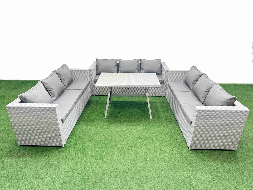 image 1 of Fimous 9 Seat Outdoor Patio PE Rattan Garden Furniture with Cushions 3 Seater Sofa Light Grey