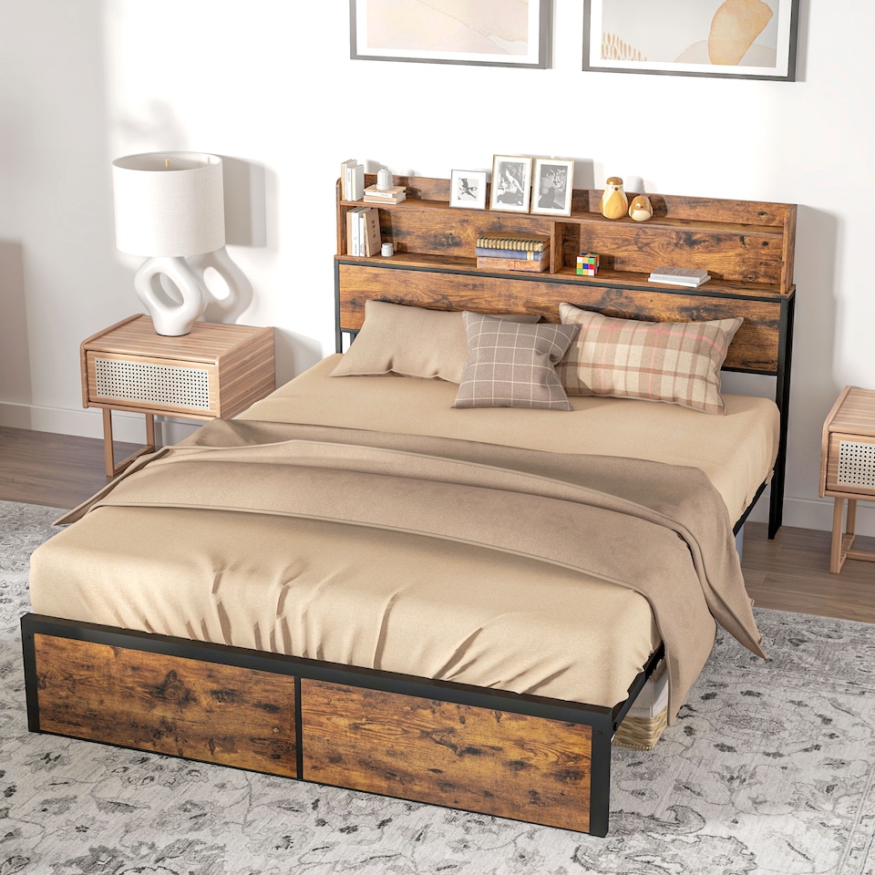 image 1 of HOMCOM Industrial King Bed Frame, 5.2FT Steel Bed Base with Storage Headboard, Footboard, Slatted Support and Under Bed Storage, 158 x 222cm, Rustic Brown