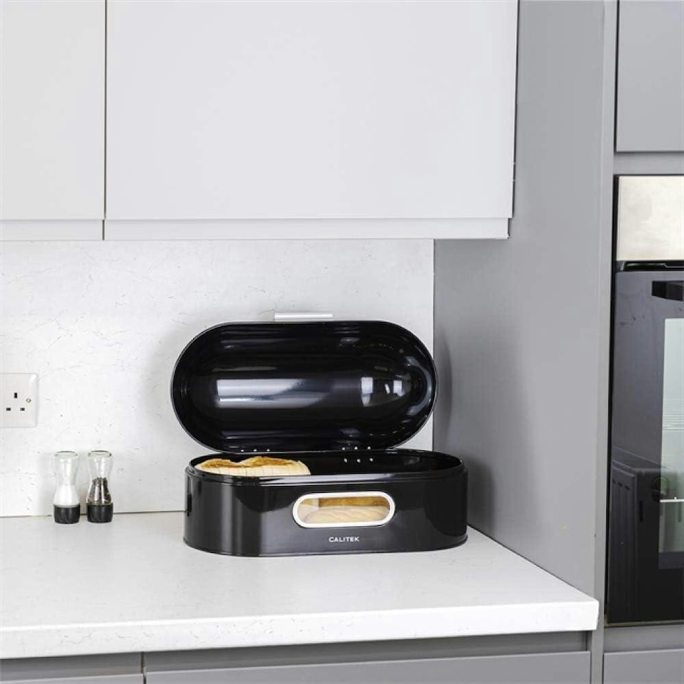 image 1 of CALITEK Retro Bread Bin Round Top Kitchen Counter Coated Carbon Steel Black