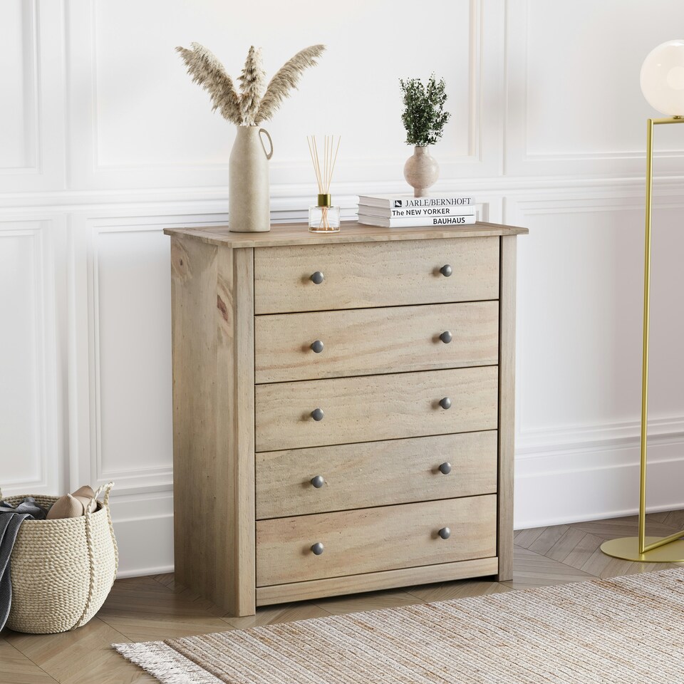 image 1 of Vida Designs Panama 5 Drawer Chest of Drawers Bedroom Storage, Solid Pine Wood