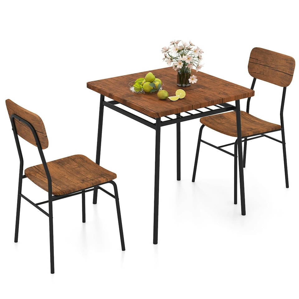 COSTWAY 3Pcs Wood Square Kitchen Table & Chair Set Brown