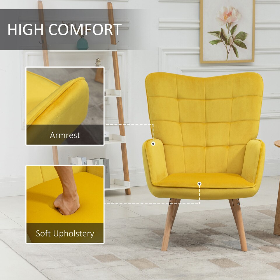 image 1 of HOMCOM Modern Accent Chair, Upholstered Tufted Wingback Armchair with Seat Padding, Velvet Leisure Lounge Bedroom Chair with Wood Legs, Yellow