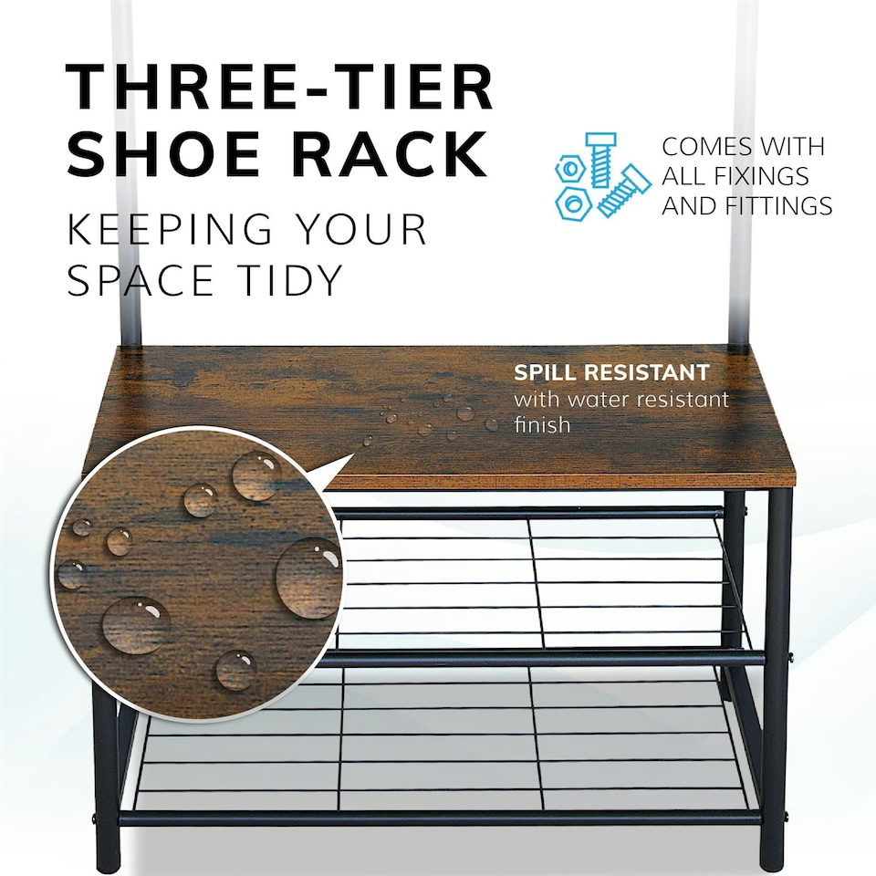 image 1 of Coat Rack Stand with Shoe Storage Bench 9 Hooks Rustic Light Brown Entrance Hall House of Home Rustic Brown Brown | Light Rustic Brown | One Size