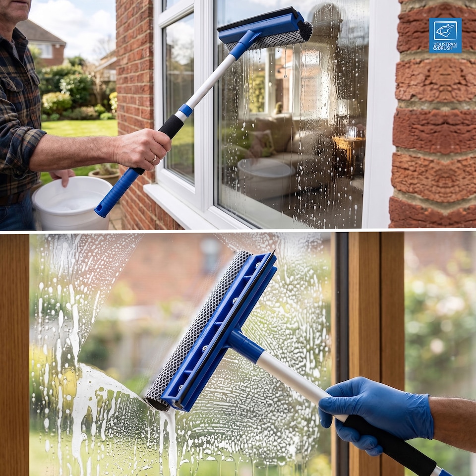 image 1 of Telescopic 2-in-1 Window Squeegee Extendable Glass Cleaner with Sponge Scrubber