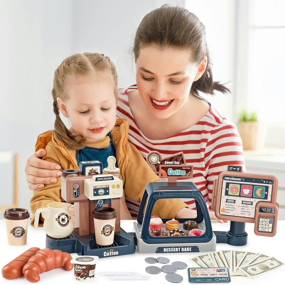 image 1 of Pretend Kitchen Coffee Playset with Cash Register, Coffee Maker & Accessories - Toddler Role Play Toy for Kids 3 plus