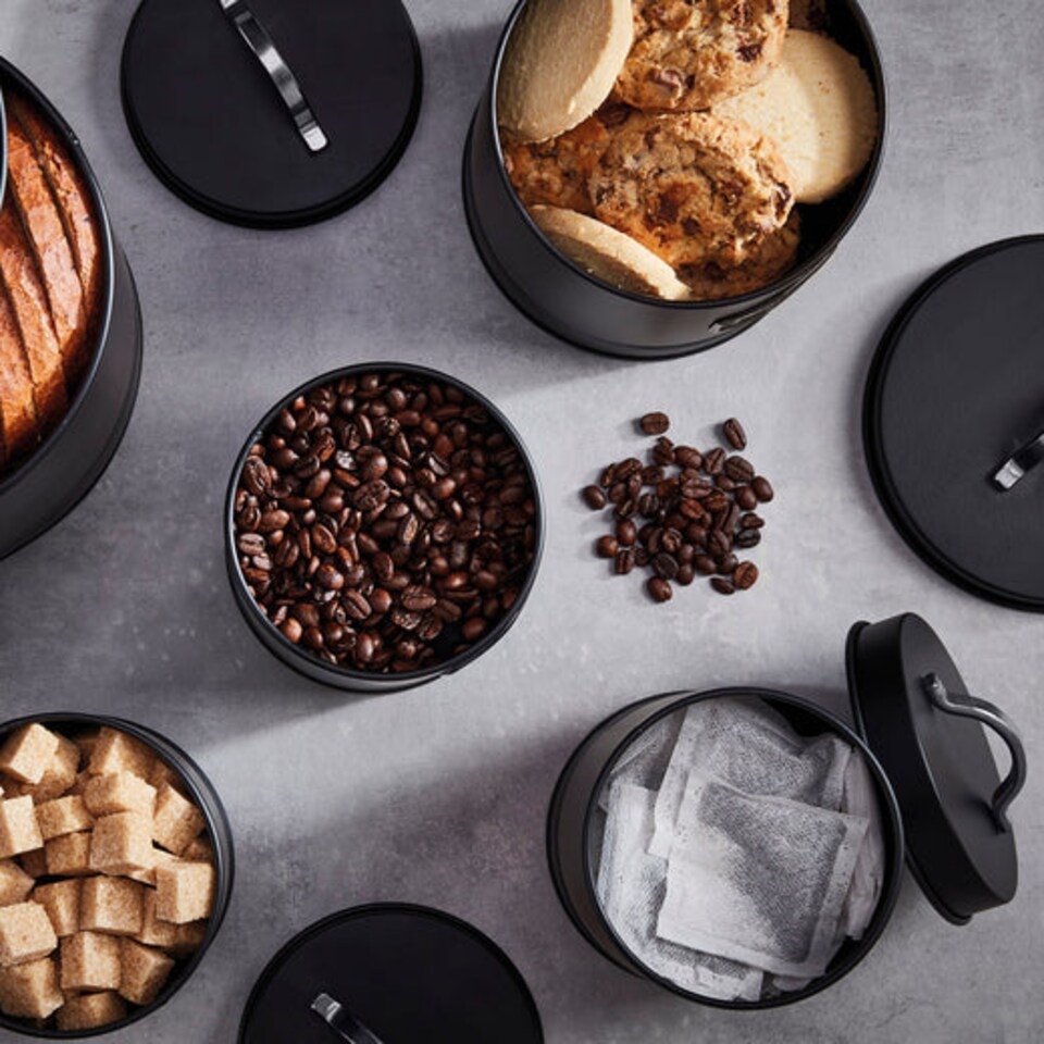 image 1 of Cooks Professional 5 Piece Kitchen Storage Set – Tea, Coffee, Sugar, Bread & Biscuit Tins | Black | Black & Silver | 5