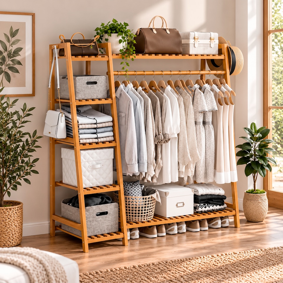 image 1 of Neo Bamboo Rack Clothes with Storage Shelf Hanging Rail and Side Hooks | Brown