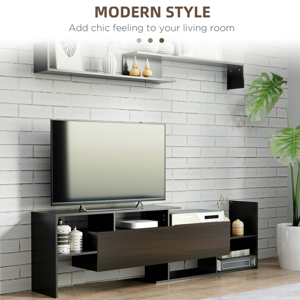 image 1 of HOMCOM TV Cabinet Unit w/ Wall-Mounted Shelf, Open Shelves Black and Brown Black