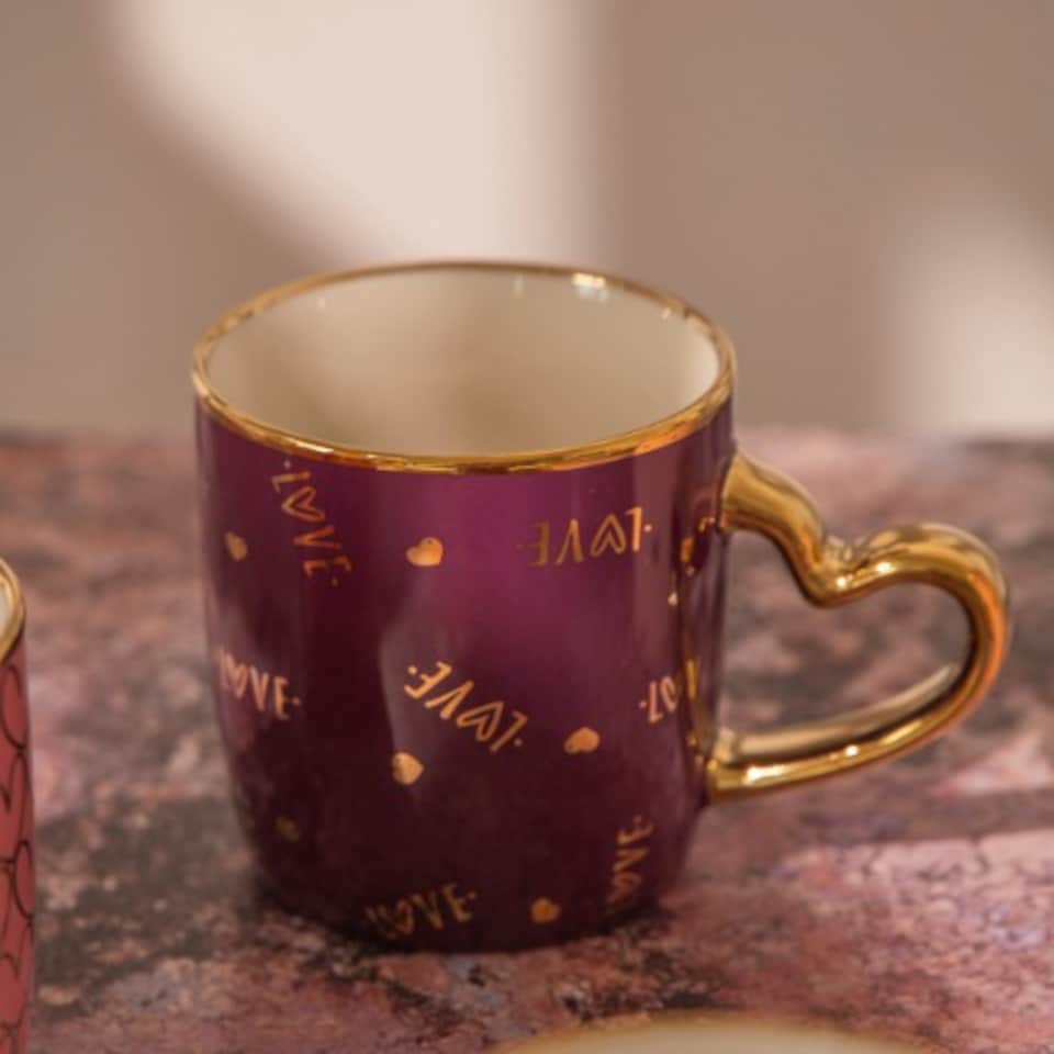 image 1 of Luxury Heart Handle Ceramic Mug 350ml with Gold Detail and Romantic Print | Pink | Light Pink | 350ml | 1