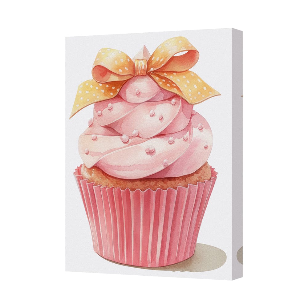 Pink Cupcake Canvas Wall Art With Yellow Bow Polka Dots