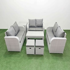 Fimous  8 Seater PE Wicker Rattan Furniture Sofa Sets with Oblong Coffee Table 2 Seater Love Sofa 2 Stool Side Table Light Grey