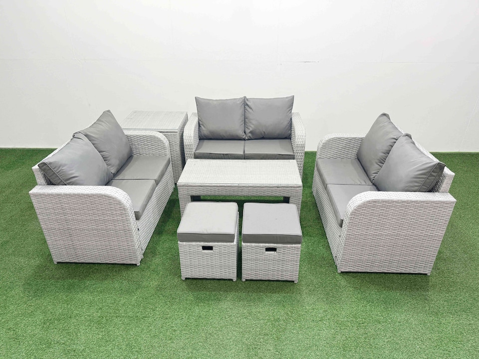image 1 of Fimous 8 Seater PE Wicker Rattan Furniture Sofa Sets with Oblong Coffee Table 2 Seater Love Sofa 2 Stool Side Table Light Grey