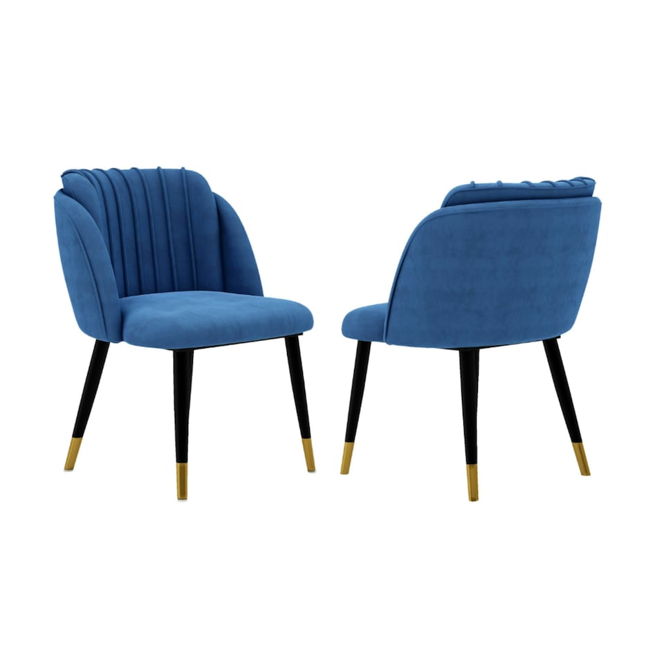 image 1 of Set of 2 Milano Velvet Dining Chairs with Stylish Ribbed Back Design, Black Metal Legs with Silver Tips | Blue | Gold End Tips