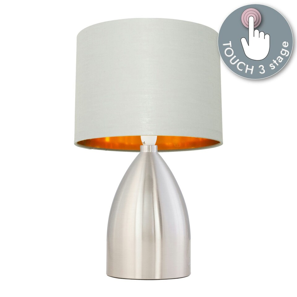 image 1 of First Choice Lighting Valentina Brushed Chrome Touch Lamp with Light Grey Cotton Shade Silver | Grey