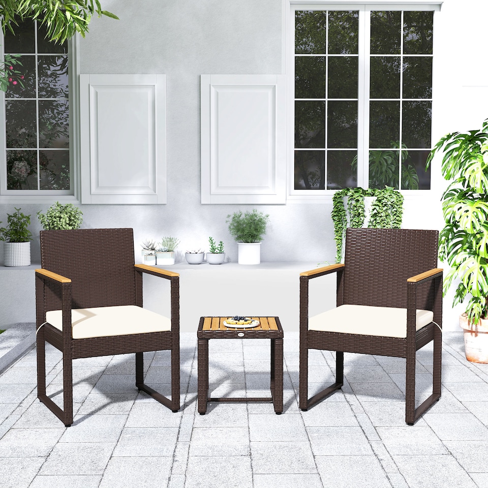 image 1 of Outsunny 3-Piece Rattan Bistro Set, Patio Table and Chairs Set with Removable Cushions, Rattan Conversation Set with Acacia Wood Table & Adjustable Foot Pads for Garden Balcony, White