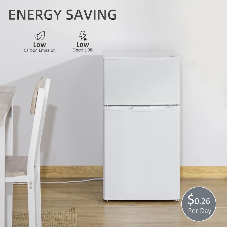 image 1 of HOMCOM 88L Under Counter Fridge Freezer with 5-Setting Thermostat, Small Fridge with Light, 2 Reversible Doors, Removable Shelves and Ice Box, 3 Star Freezer Rating, E Rated, White | White