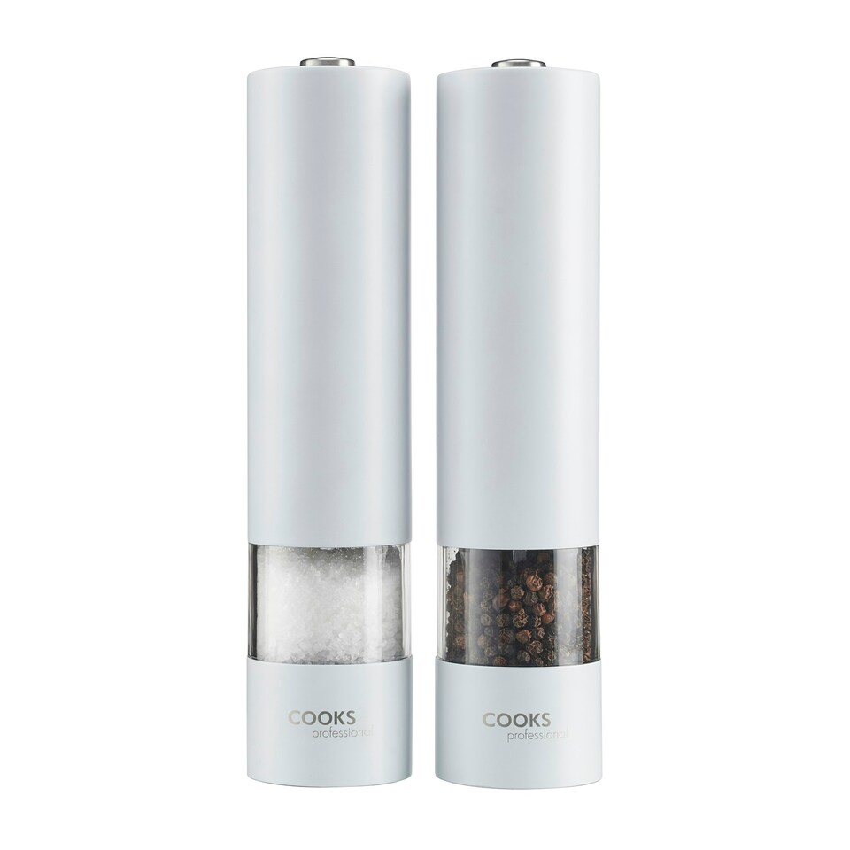image 1 of Cooks Professional Electric Salt & Pepper Mill Set | Adjustable Grind Settings | Simple One-Button Operation | White