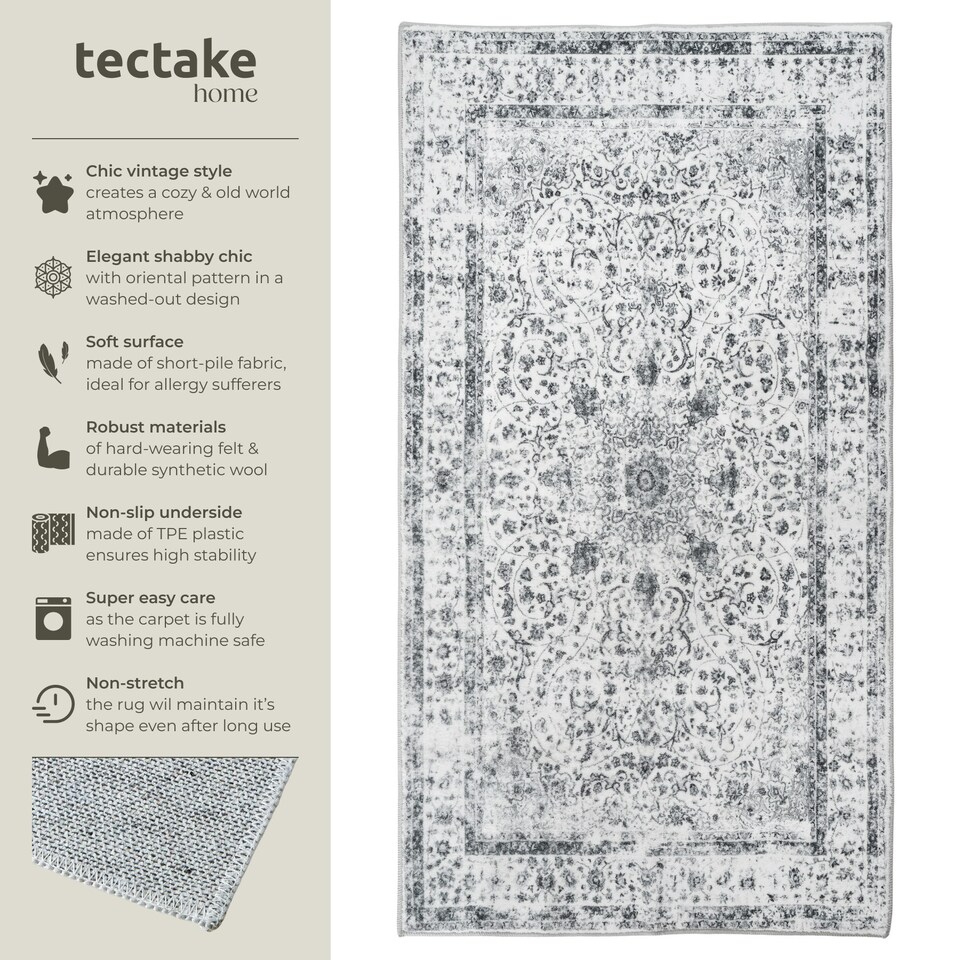 image 1 of Washable Rug Aliya - different sizes, oriental pattern, non-slip underside, non-allergenic short pile Grey | 110 x 60 cm