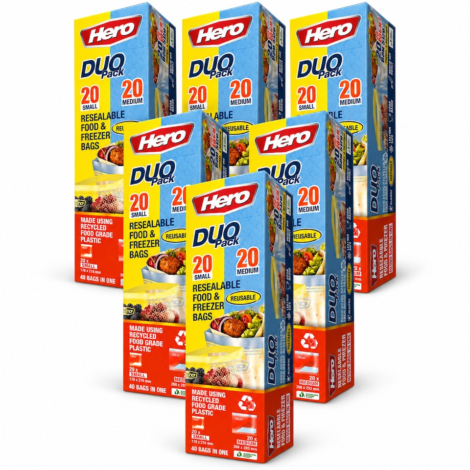 image 1 of Hero Resealable Food & Freezer Bags Duo Pack 40 Pack – 20 Small & 20 Medium Reusable Ziplock Food Storage Bags
